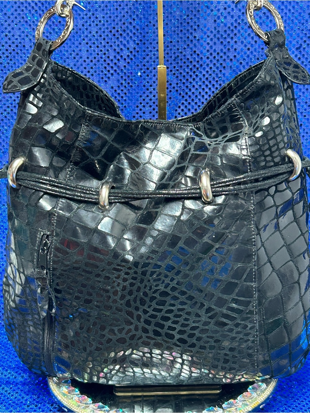 Andre Oliver Black Croc-Embossed Women’s Hobo Bag Approx. 15 x 15